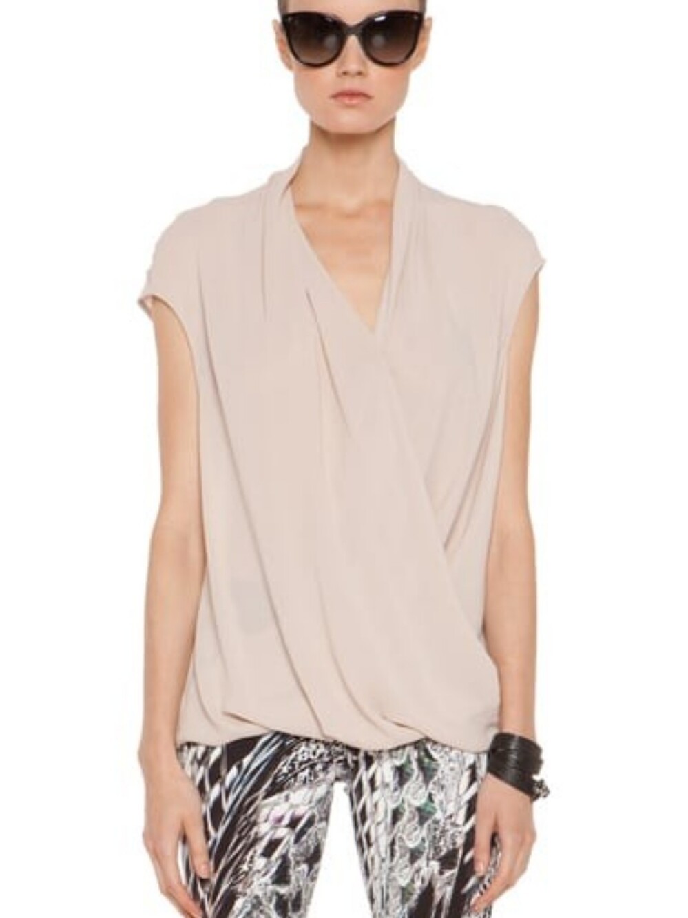 Helmut Lang Draped V-Neck Cap Sleeve Top in Nude Blush
